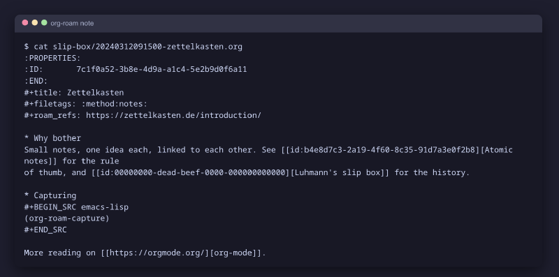 An org-roam note with ID links, a source block and tags