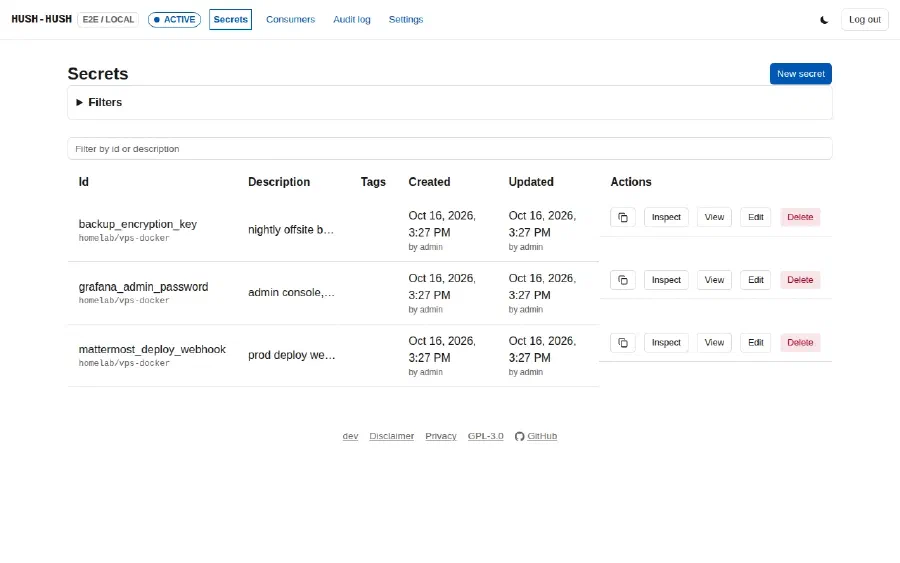 The Hush-Hush web interface showing a list of three secrets with their ids, descriptions and timestamps, and inspect, view, edit and delete buttons for each