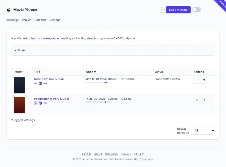 The movie-planner web app listing two logged viewings with posters, rating marks, when and where each was watched, and edit and delete buttons, under a Log a viewing button