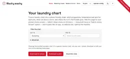 The washy-washy web app showing the bundled example laundry chart, with a filter panel for cutting it down by pile or by wash, and buttons to download the sheet as a PDF or share the current view