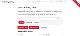 The washy-washy web app showing the bundled example laundry chart, with a filter panel for cutting it down by pile or by wash, and buttons to download the sheet as a PDF or share the current view