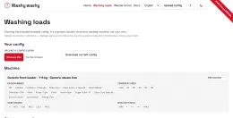 The washing loads editor: upload or download a config, a summary of the current machine, and editable cards for every pile in the chart
