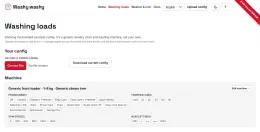 The washing loads editor: upload or download a config, a summary of the current machine, and editable cards for every pile in the chart
