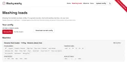 The washing loads editor: upload or download a config, a summary of the current machine, and editable cards for every pile in the chart