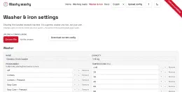 The machine editor: name, capacity, dial programmes in order and temperatures, all editable fields for describing your own washer and iron