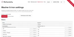 The machine editor: name, capacity, dial programmes in order and temperatures, all editable fields for describing your own washer and iron